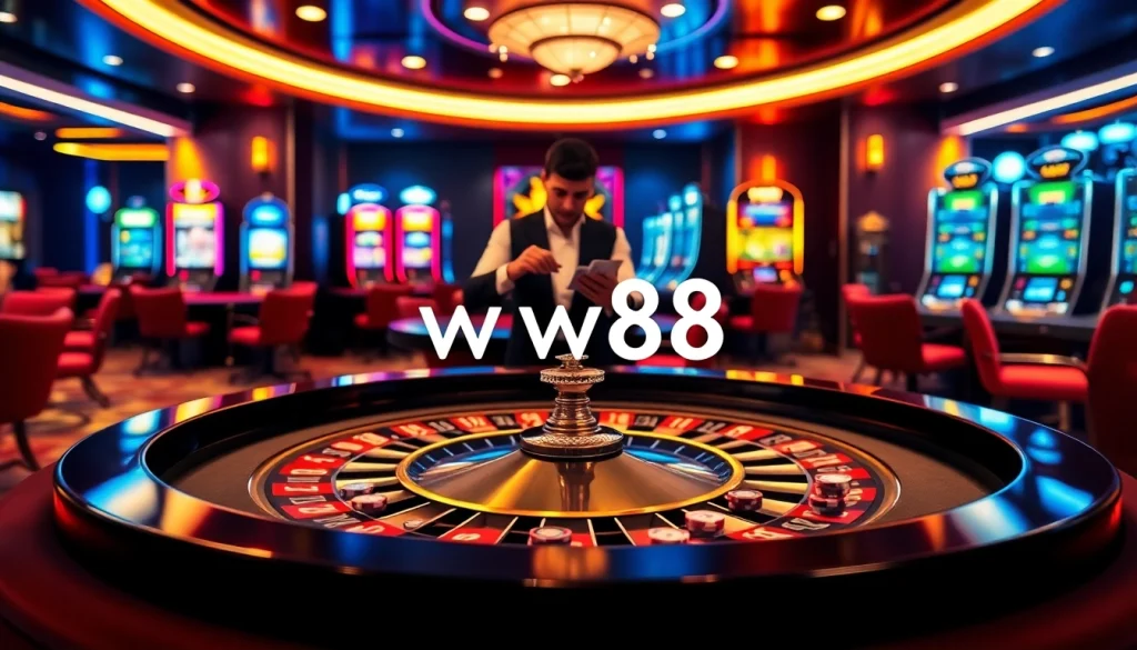 Exciting casino scene at ww88 featuring lush roulette table and vibrant slot machines.