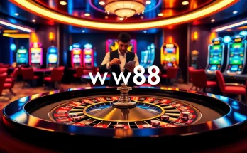 Exciting casino scene at ww88 featuring lush roulette table and vibrant slot machines.
