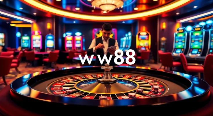 Exciting casino scene at ww88 featuring lush roulette table and vibrant slot machines.