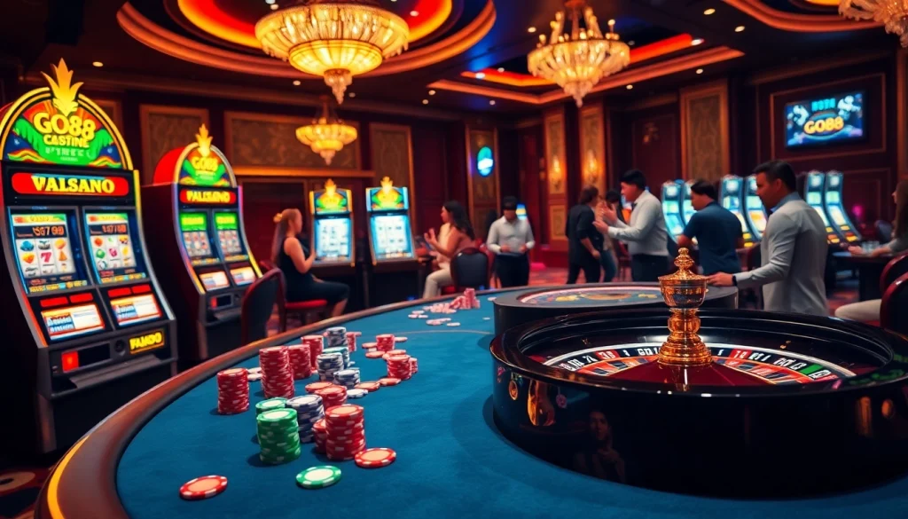 Engaged gamblers enjoy thrilling games at the GO88-themed casino table.