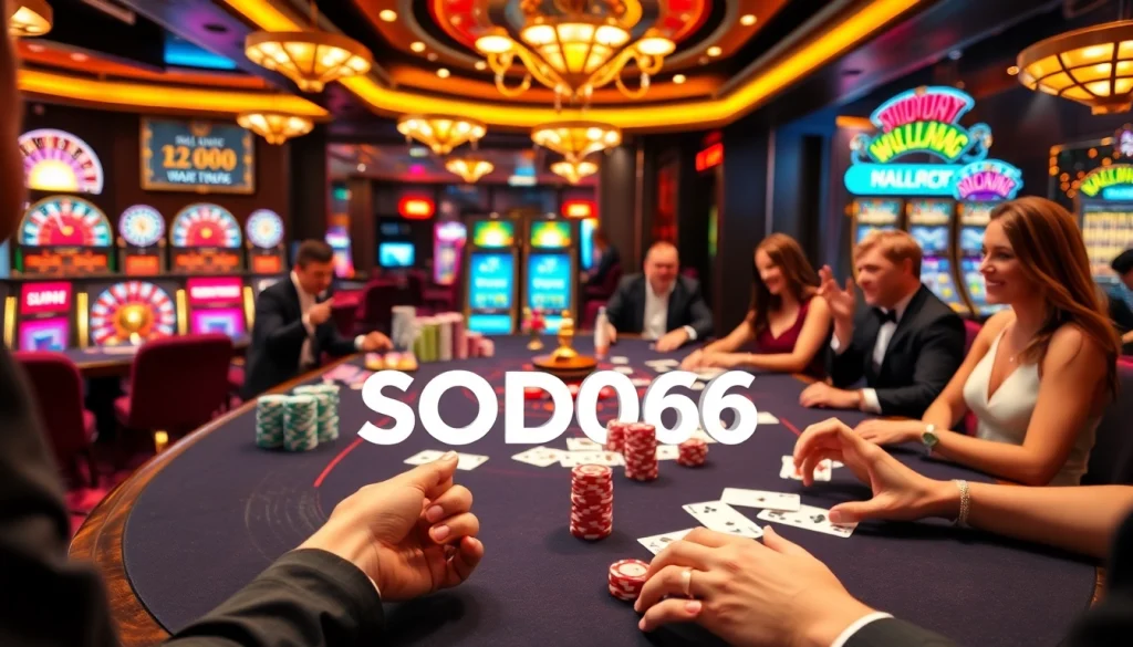 Players enjoying a thrilling game at SODO66 Casino, surrounded by vibrant slot machines and poker tables.