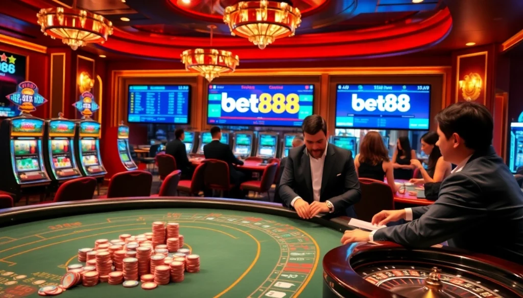 Engage in thrilling games at bet88’s vibrant casino atmosphere with colorful chips and spinning roulette.