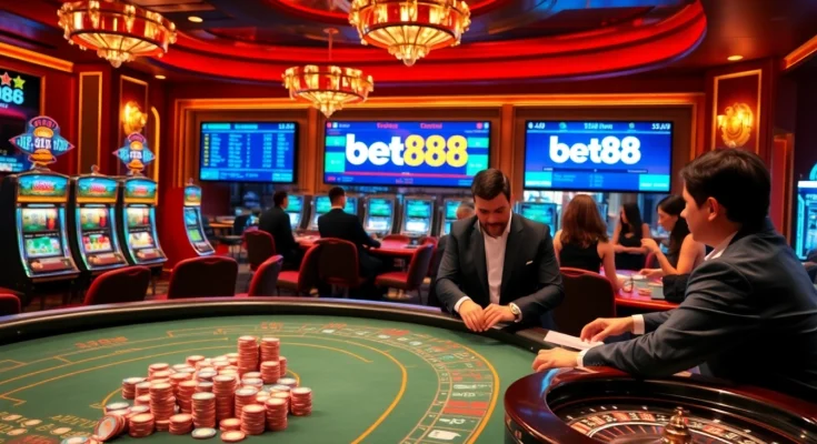 Engage in thrilling games at bet88’s vibrant casino atmosphere with colorful chips and spinning roulette.