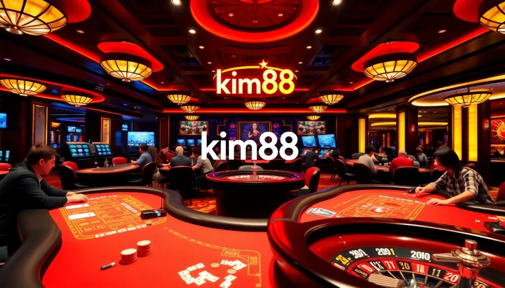 Players enjoying a high-stakes poker game at kim88 casino, showcasing chips and cards.