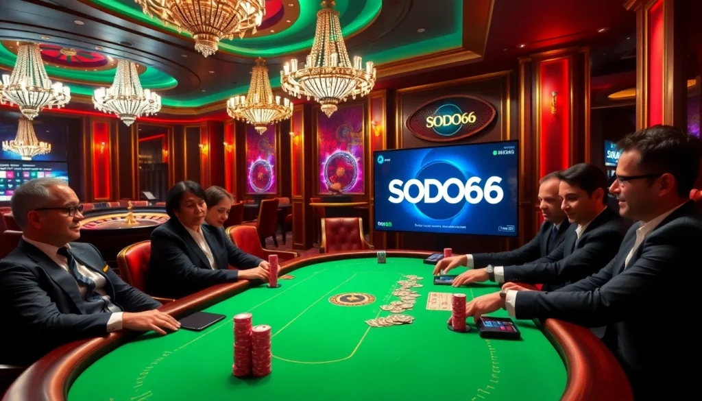 SODO66 gaming excitement with poker tables and roulette wheels in a luxurious casino environment.