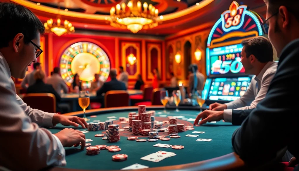 Exciting poker gameplay at FB88 casino with colorful chips and illuminated roulette backdrop.