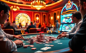 Exciting poker gameplay at FB88 casino with colorful chips and illuminated roulette backdrop.