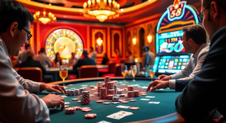 Exciting poker gameplay at FB88 casino with colorful chips and illuminated roulette backdrop.