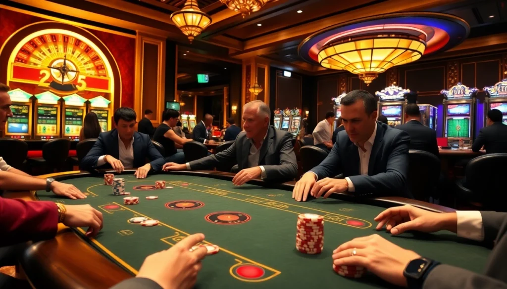 32WIN poker players engaged in a high-stakes game, surrounded by dazzling casino elements.