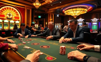 32WIN poker players engaged in a high-stakes game, surrounded by dazzling casino elements.