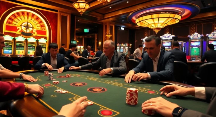 32WIN poker players engaged in a high-stakes game, surrounded by dazzling casino elements.