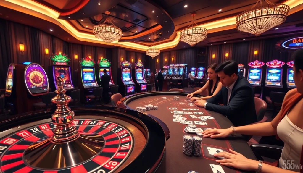 Experience high-stakes excitement at 5555win casino with vibrant gaming tables and elegant players.