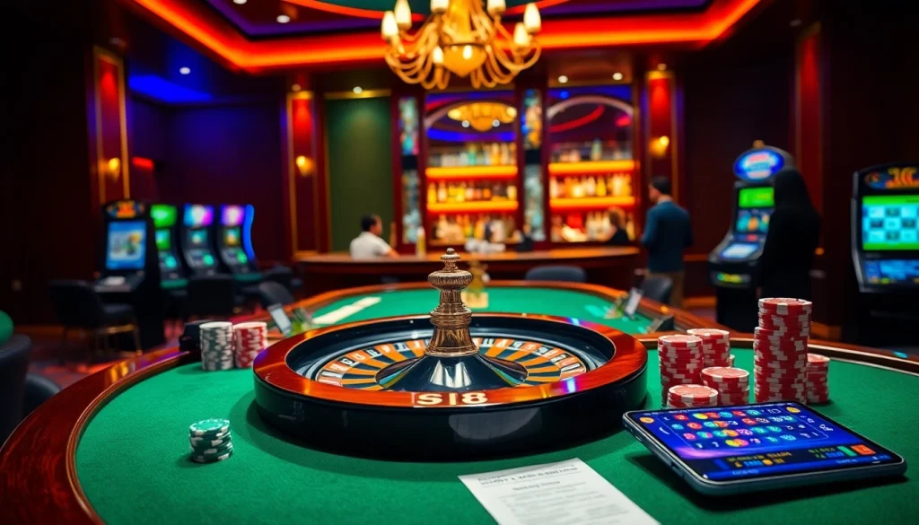 Players enjoying S8's online gambling experience with vibrant casino elements and a roulette wheel.