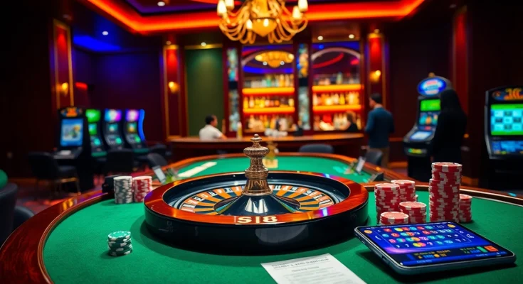 Players enjoying S8's online gambling experience with vibrant casino elements and a roulette wheel.