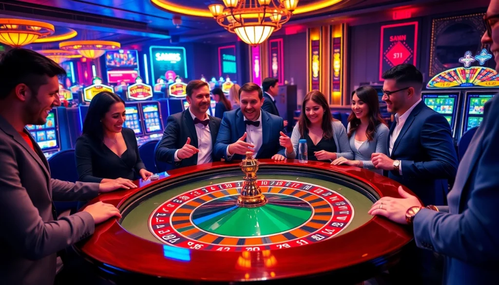 A lively casino scene showcasing 555win gamers celebrating at a roulette table filled with chips.