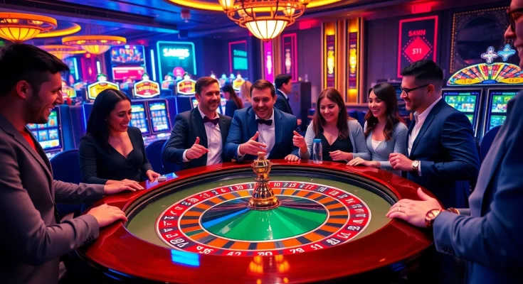 A lively casino scene showcasing 555win gamers celebrating at a roulette table filled with chips.