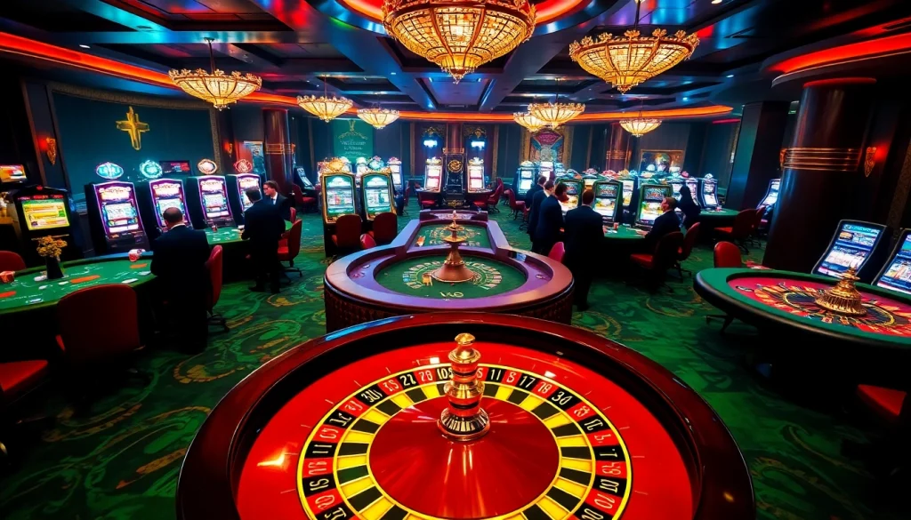 Exciting GG88 casino scene showcasing vibrant slot machines and professional dealers.