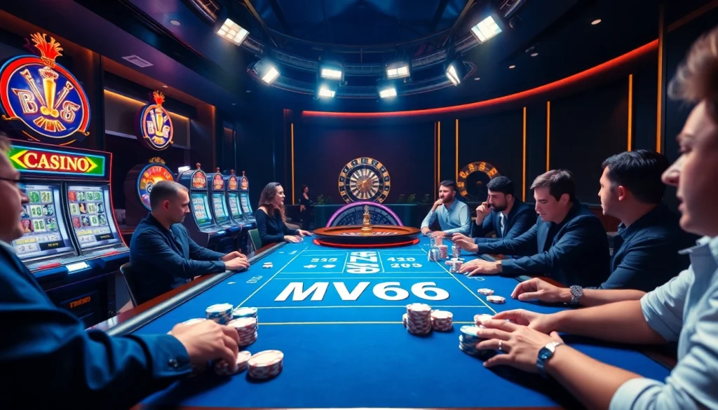 Experience the thrill of gambling with MV66 poker chips and illuminated slot machines in a vibrant casino.