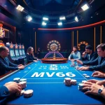 Experience the thrill of gambling with MV66 poker chips and illuminated slot machines in a vibrant casino.