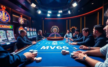 Experience the thrill of gambling with MV66 poker chips and illuminated slot machines in a vibrant casino.