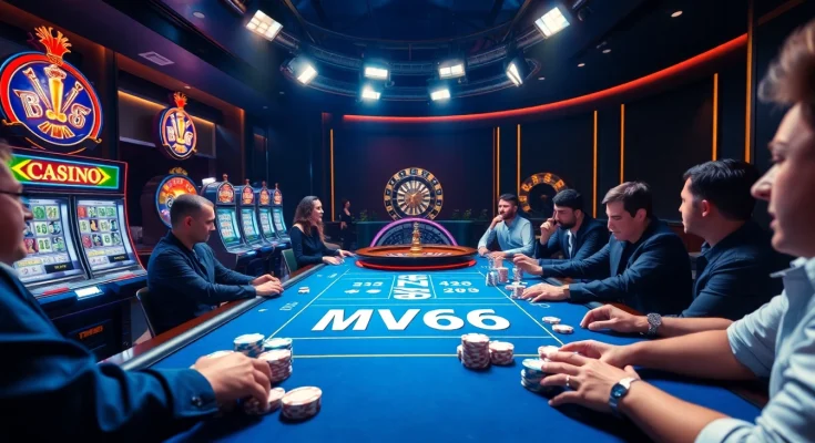 Experience the thrill of gambling with MV66 poker chips and illuminated slot machines in a vibrant casino.