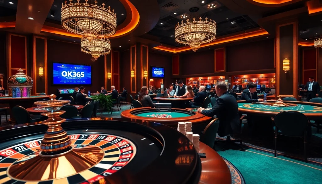 Players enjoying an exciting game at a poker table at OK365 casino, showcasing vibrant chips and a live roulette wheel.