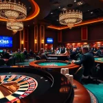 Players enjoying an exciting game at a poker table at OK365 casino, showcasing vibrant chips and a live roulette wheel.