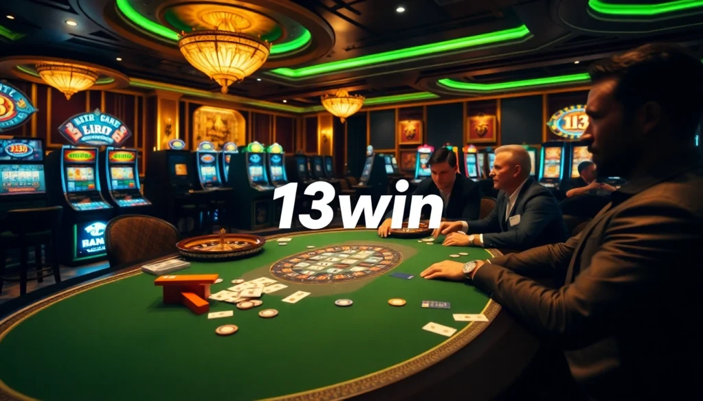 Exciting poker action at 13win casino with vibrant atmosphere and luxurious tables