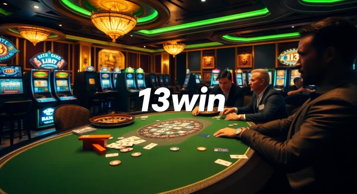 Exciting poker action at 13win casino with vibrant atmosphere and luxurious tables