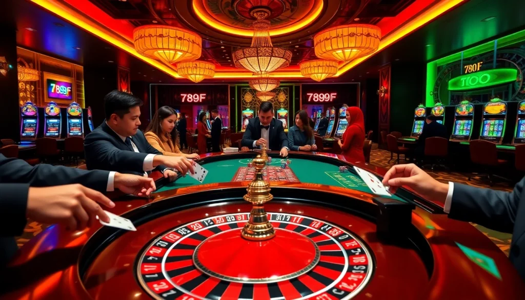 Engaging gamblers at 789F place bets at a luxurious roulette table in a glamorous casino setting.