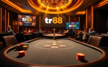 Experience high-stakes action at TR88 casino with poker chips and roulette wheel.