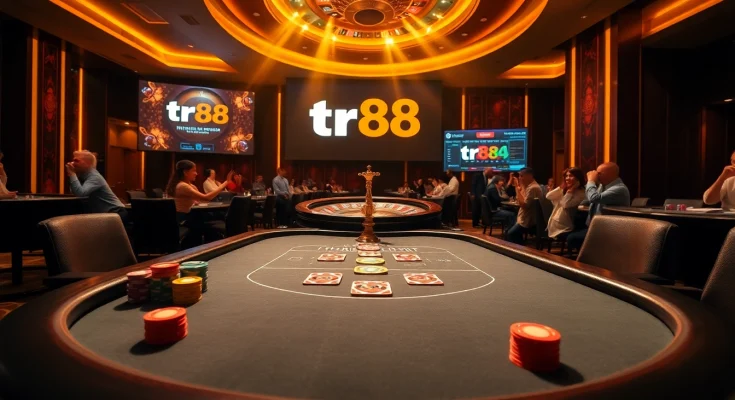 Experience high-stakes action at TR88 casino with poker chips and roulette wheel.
