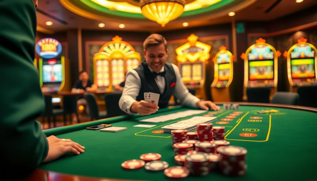 56win players placing bets at a luxurious blackjack table surrounded by vibrant casino elements.