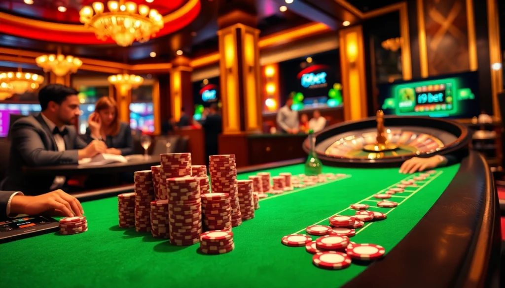 Players strategizing at an i9bet poker table in a luxurious casino setting.