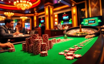 Players strategizing at an i9bet poker table in a luxurious casino setting.