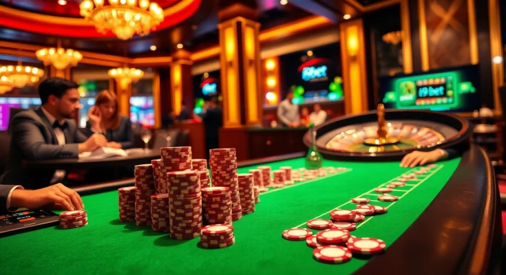 Players strategizing at an i9bet poker table in a luxurious casino setting.