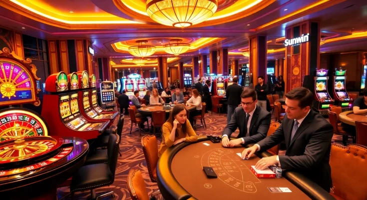Players enjoying exciting games at Sunwin casino, featuring vibrant tables and slot machines.
