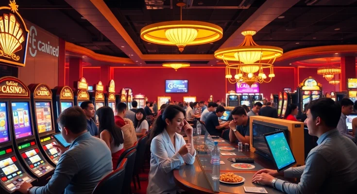 Engaging online gaming scene at 566.com showcasing players enjoying various casino games, bright colors, and a vibrant atmosphere.