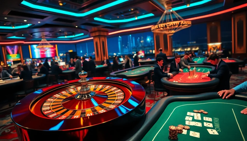 Sunwin casino players engaging with roulette and poker tables in a luxurious setting.
