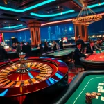 Sunwin casino players engaging with roulette and poker tables in a luxurious setting.