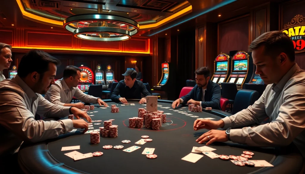 Experience rr99 poker excitement at a luxurious gambling table with vibrant chips and game tension.