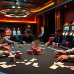 Experience rr99 poker excitement at a luxurious gambling table with vibrant chips and game tension.