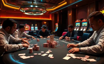 Experience rr99 poker excitement at a luxurious gambling table with vibrant chips and game tension.