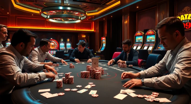 Experience rr99 poker excitement at a luxurious gambling table with vibrant chips and game tension.