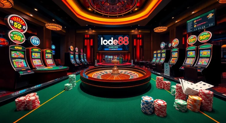 Engaging scene of lode88 online casino with vibrant tables, cards, and chips in a luxurious setting.