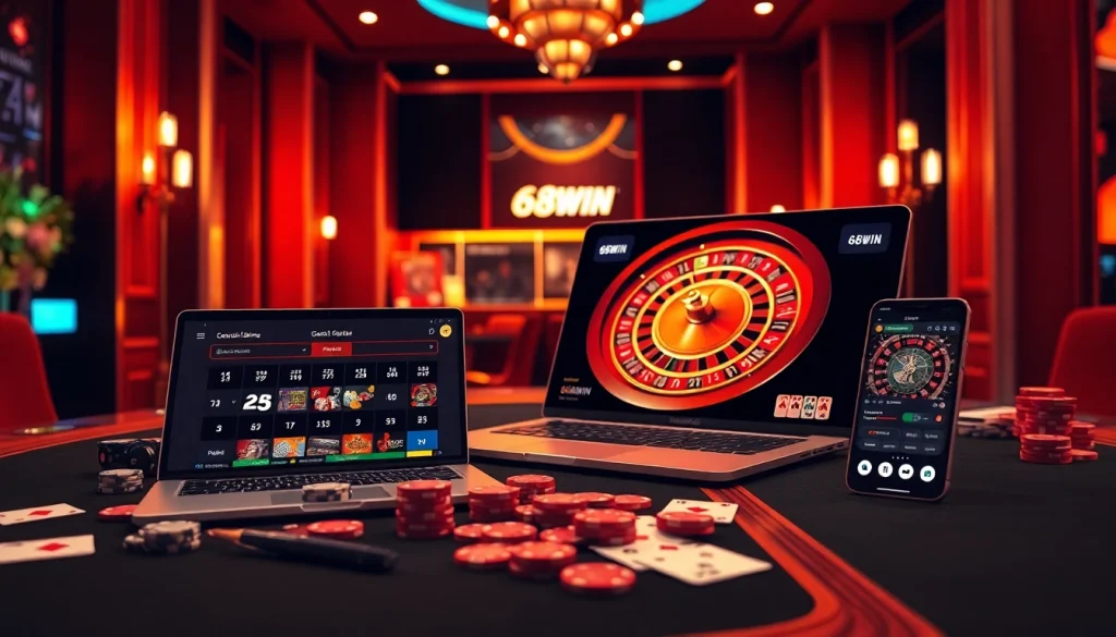 Players eagerly tải game 68win on their devices surrounded by vibrant casino elements.