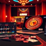 Players eagerly tải game 68win on their devices surrounded by vibrant casino elements.