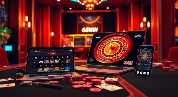 Players eagerly tải game 68win on their devices surrounded by vibrant casino elements.