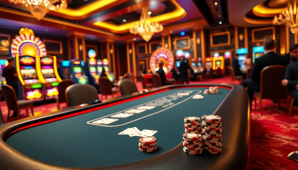 Engaged players interact at the WE88 casino poker table with vibrant slot machines visible.
