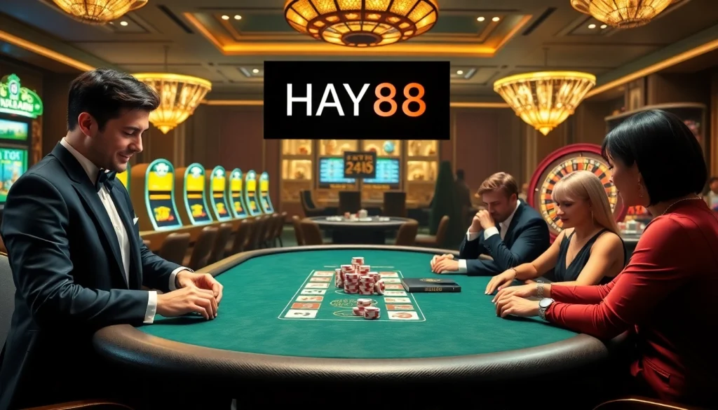 Players strategizing at a luxury poker table in a casino scene featuring HAY88 and vibrant game elements.